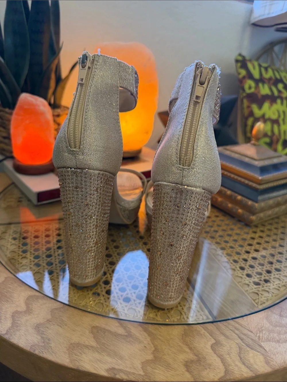 Wk Gold Glitter Platform Block Heel Sandals
